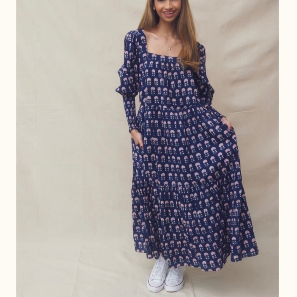 Ophelia‎ & Indigo Lulu Navy Pink Floral Block Print Cotton Maxi Dress Size M